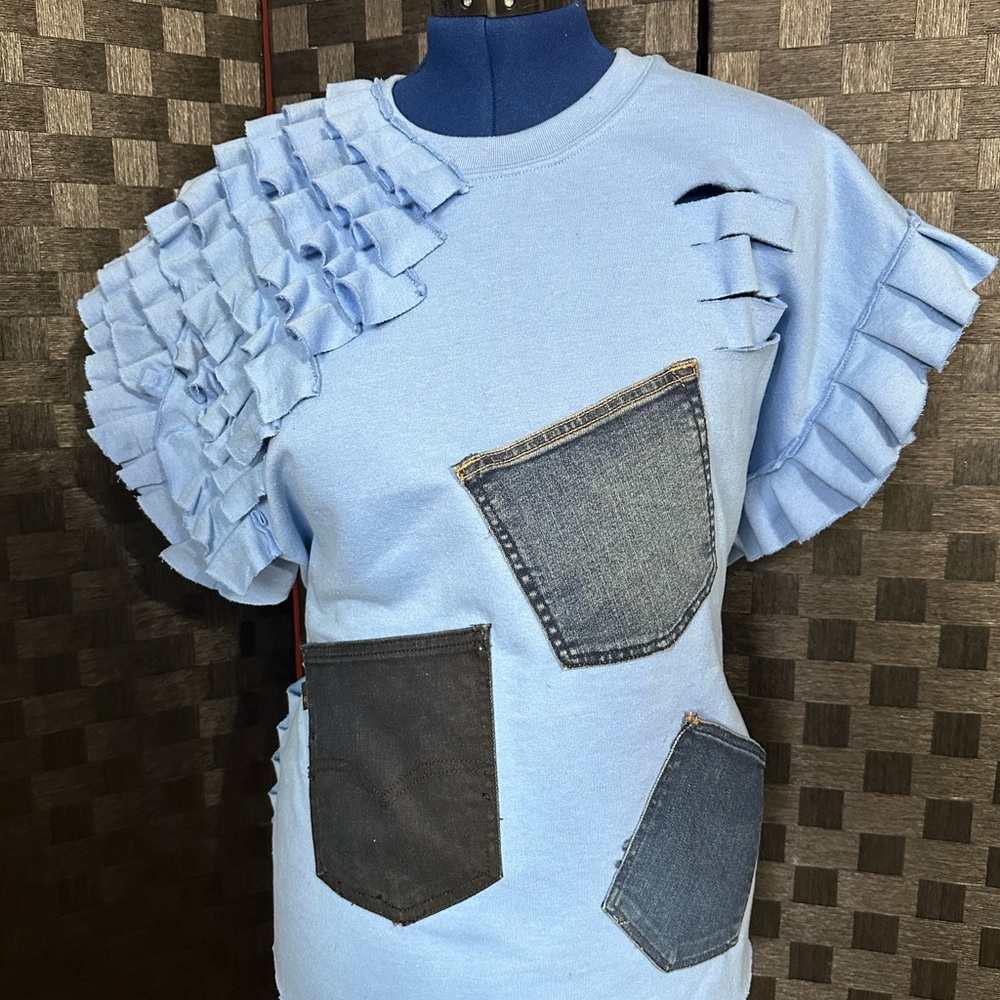 Unique Blue Ruffled Sweatshirt with Denim Pockets